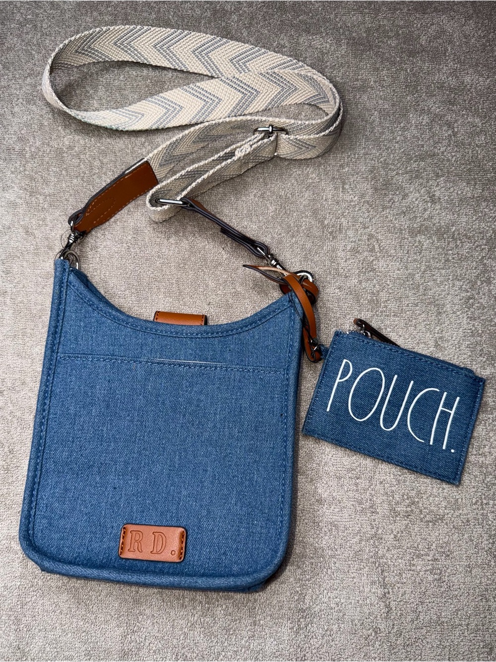 Denim Crossbody Messenger Bag with Detachable Pouch - Blue